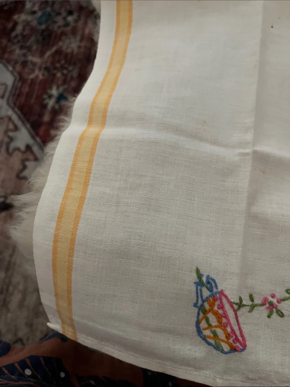 Embroidered White Cotton Tea Towel with Colorful Teapot Motif